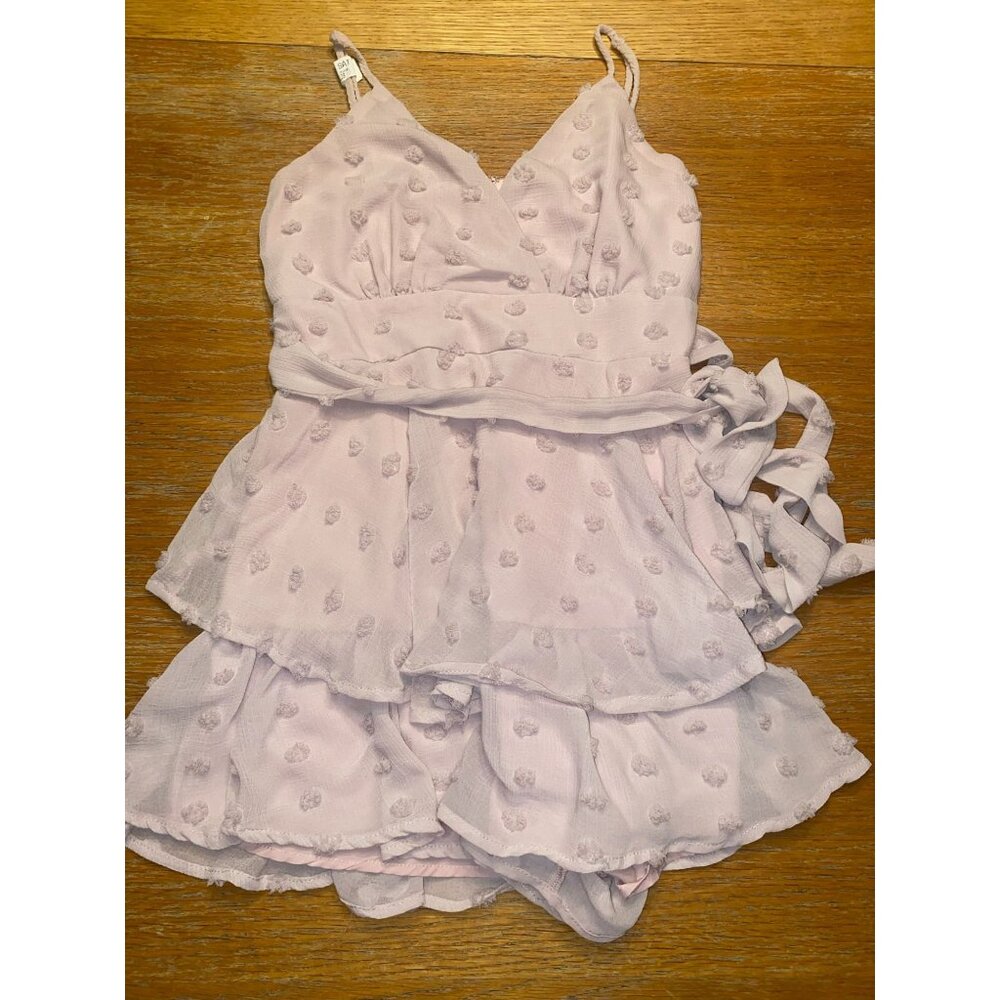 Womens Satin Polka Dot Sleeveless V-Neck Dress With Ruffled Layers And Tie Waist